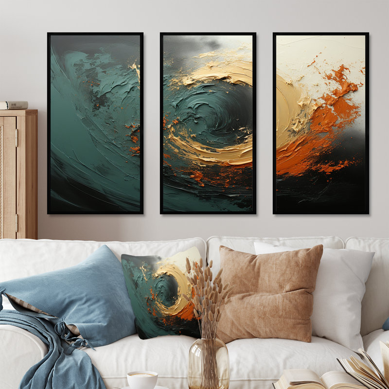 Orange et vagues ondulées oranges Melody III - abstrait spirales murales, Cadre flottant noir, H 40 po x l 61 po x P 1 po