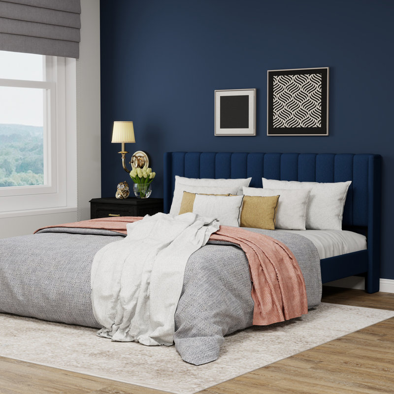 Upholstered Wingback Platform Bed, Blue, King