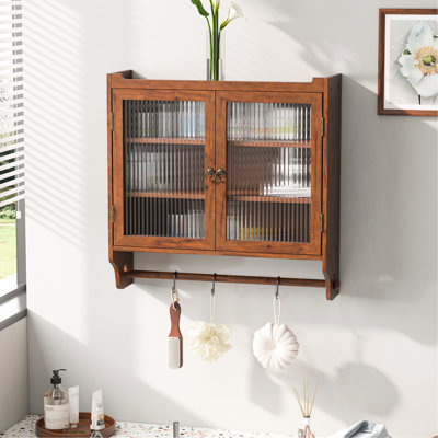 Armoire murale avec trois compartiments de rangement - porte en verre de 24,8 po, brun pour salle de bain, porte-serviettes de cuisine rétro et espaces