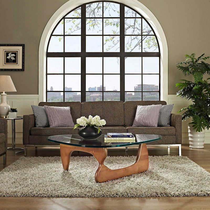 Triangle Glass Coffee Table with Wooden Base Clear Glass Top Mid-Century Abstract Glass Table, Light Walnut