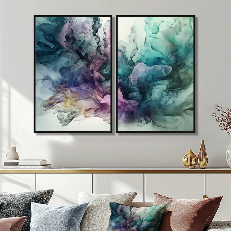Art mural moderne sur toile vert mauve marbré, 36" H x 48" W, Wrapped Canvas, Does Not Apply