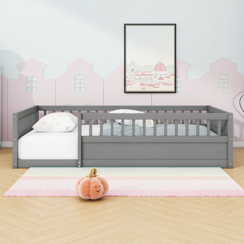 Floor Bed Frame with High Guardrails and Low Profile Design, Twin, Grey