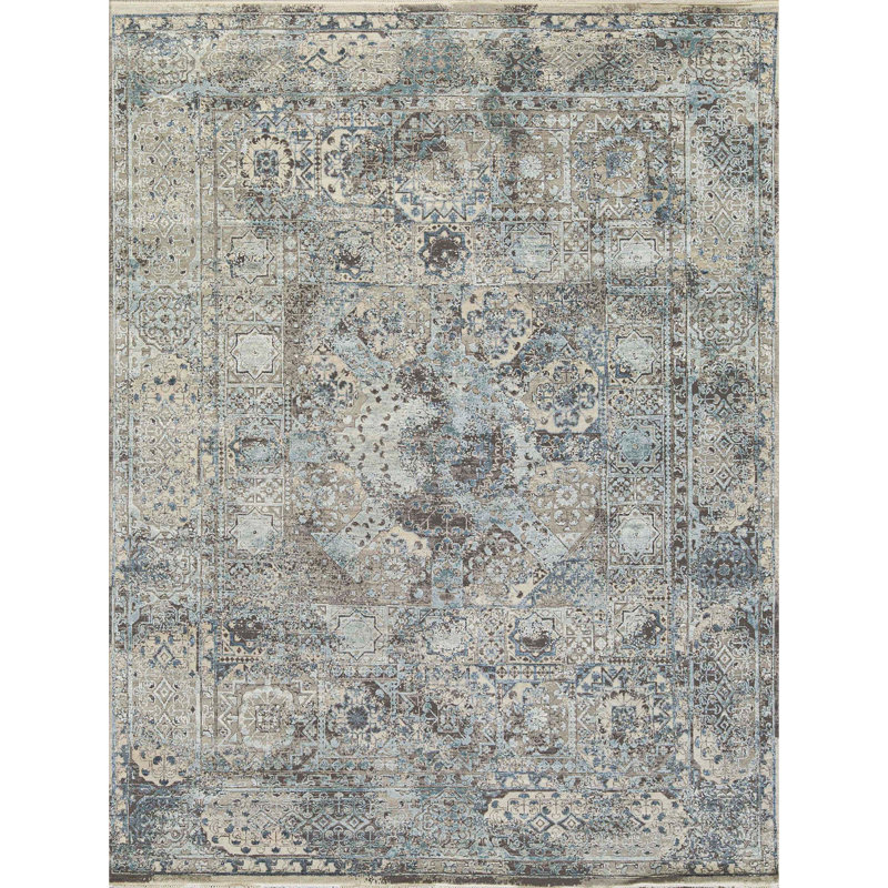Tapis gris / bleu en laine / soie noué à la main, Rectangulaire 8 pi x 10 pi