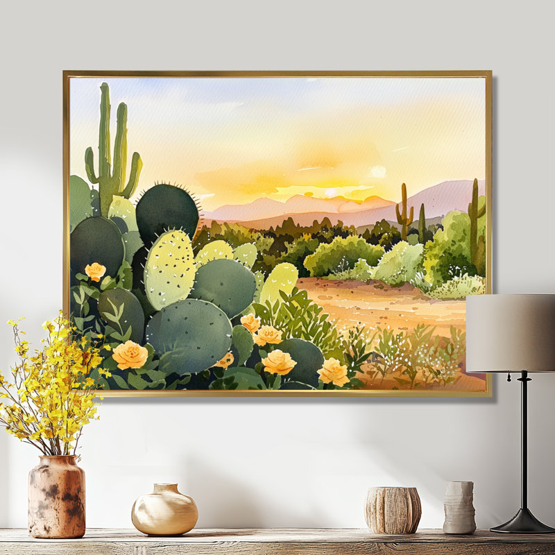Cactus Landscape At Sunset III - Floral Cactus Print, art mural, Impression dans un cadre flottant sans passe-parto, Doré