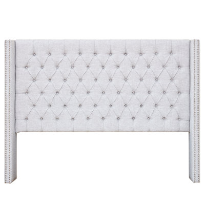Queen Size Upholstery Headboard, Buttons, Wing Back Style, Adjustable Legs, Grey Chic Design, Metal , 8.48"D X 53.48"H