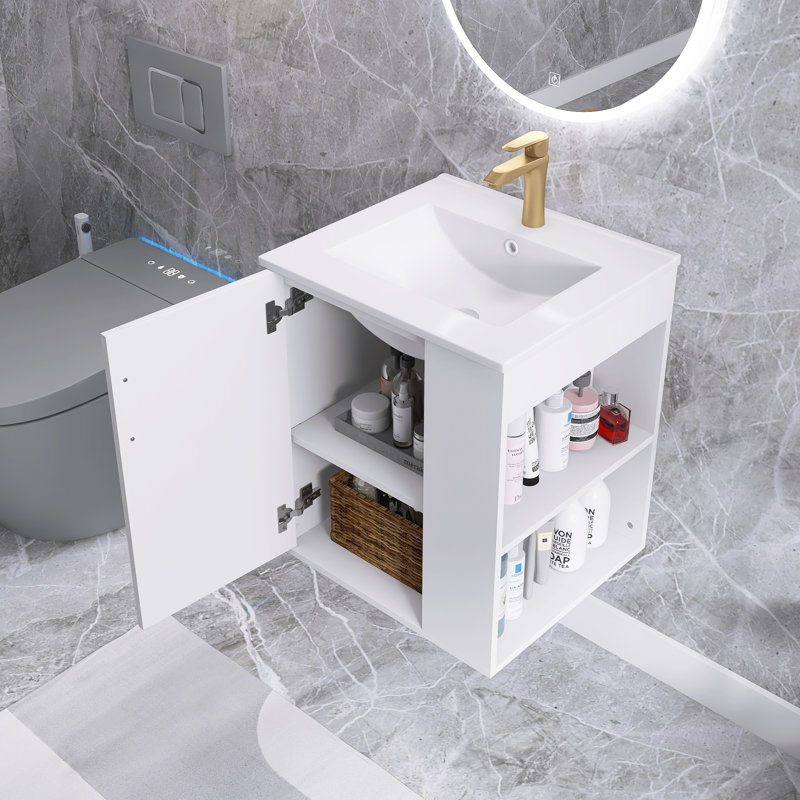 Armoire de salle de bain murale blanche moderne de 20 pouces avec lavabo en céramique, avec armoire latérale et porte à fermeture douce