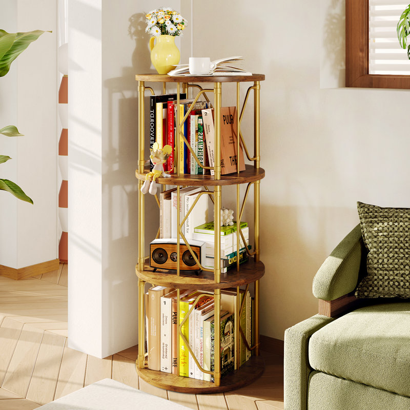 37.3" Rotating Bookcase, 360° Spinning Corner Bookshelf For Storage & Display, For Home Office And Living Room, Gold/Brown