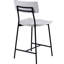 Tabouret de comptoir moderne, structure en métal, siège en bois épais en forme de selle, dossier, repose-pieds noir thermolaqué, patins de plancher réglables, blanc délavé, tabouret de bar délavé