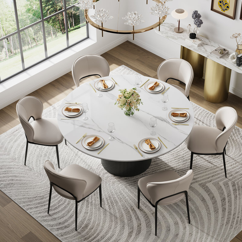 Table de salle à manger 59 po ronde moderne pour 6-8, plateau en pierre frittée brillante, blanc, Blanc