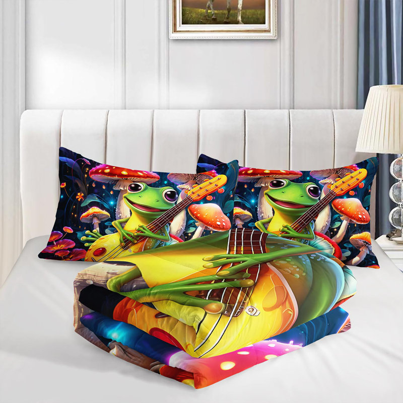 Joli ensemble d'édredon guitare jouant de la grenouille, ensemble de literie champignon psychédélique avec 2 taies d'oreiller, literie douce et lavable à la machine, édredon toutes saisons pour la décoration de chambre