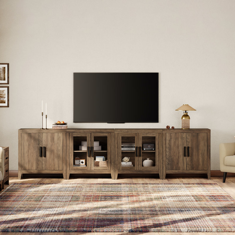 TV Stand For Tvs Up To 110 Inch, Farmhouse Entertainment Center With Storage, Wood Media Console With Glass Doors And Closed Cabinets, Rustic TV Cabinet With Adjustable Shelves, Brown