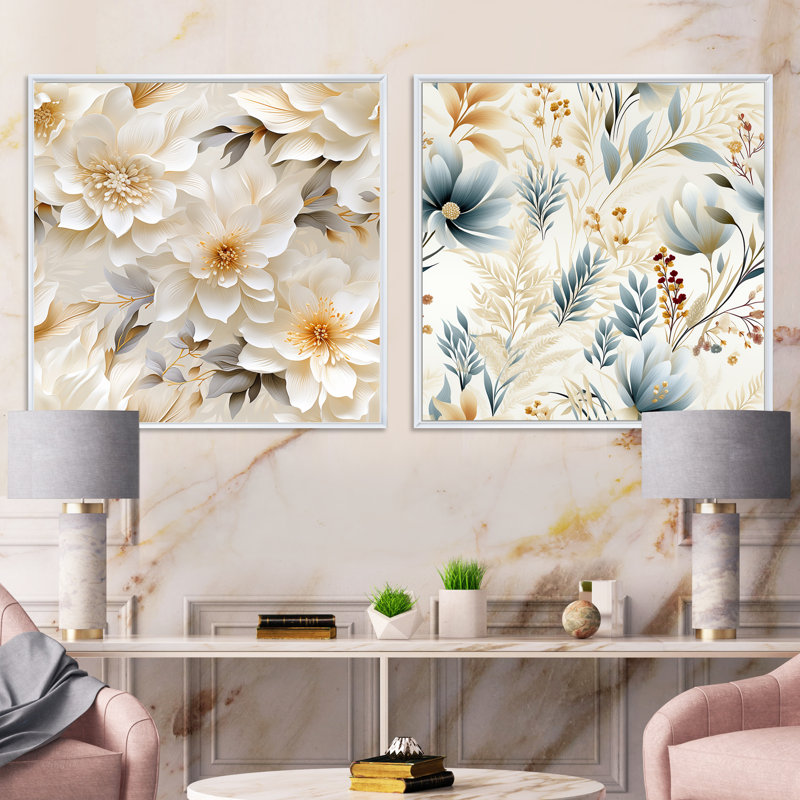 Bergerac - Ensemble de 2 collages floraux carrés, Cadre flottant blanc, H 36 po x l 73 po