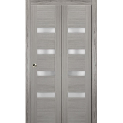 Sliding Closet Bi-fold Doors 84 x 96 in (2x 42x96) Quadro 4113 Grey Ash with Frosted Glass Sturdy Tracks Moldings Trims Hardware Set Wood Solid Bedroom Wardrobe Doors