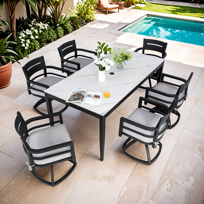 Cioffred Patio 7-Piece Dining Set with Swivel Rockers & Sunbrella Cushions, White
