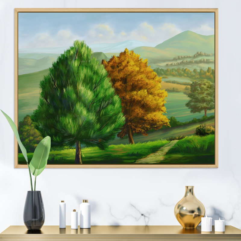 Arbre vert et orange dans les champs - Peinture sur toile, H 12 po x l 20 po x P 1 po, Cadre flottant en érable