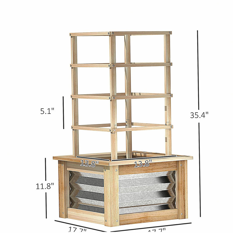Galvanized Planter Box Elevated Garden Bed,Wooden Raised Garden Bed with Trellis,for Garden,Patio, Natural Wood
