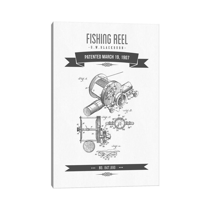 G.W. Blackburn Fishing Reel Patent Sketch Retro (Charcoal) by Aged Pixel - Wrapped Canvas Gallery-Wrapped Canvas Giclée