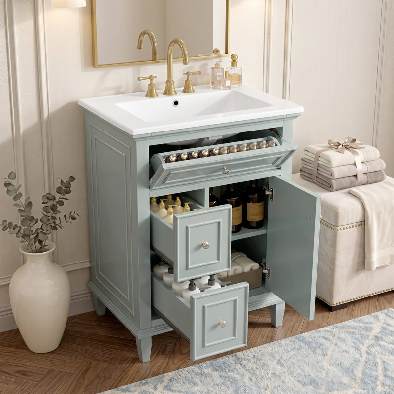 Meuble-lavabo de salle de bain avec lavabo intégré, armoire de rangement avec tiroir rabattable, 2 tiroirs et tablettes réglables