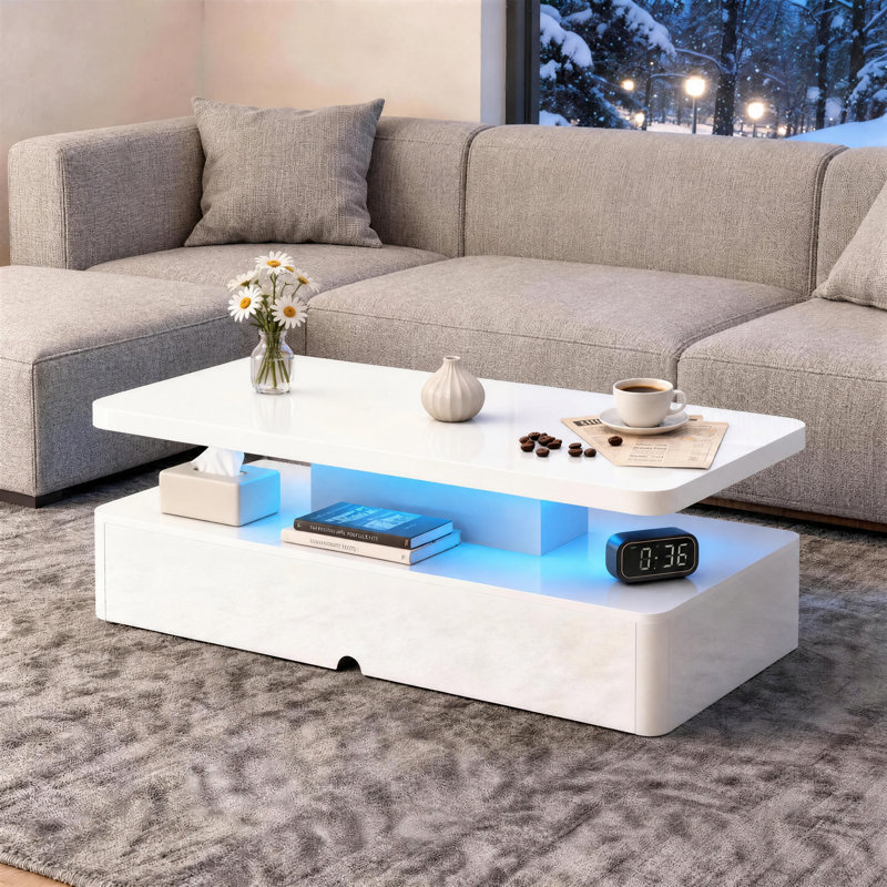 Modern High Gloss Coffee Table With Led Light, Double-Layer Lighted Cocktail Table for Living Room Small Apartment Home Decor