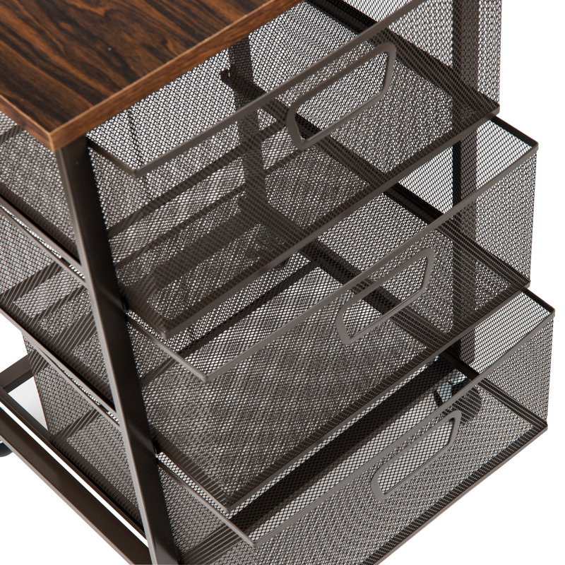  3-Drawer Rolling Storage Cart, Office Organizer with Wood Top, Multipurpose Portable Cabinet with Wheels, Metal Mesh, Black