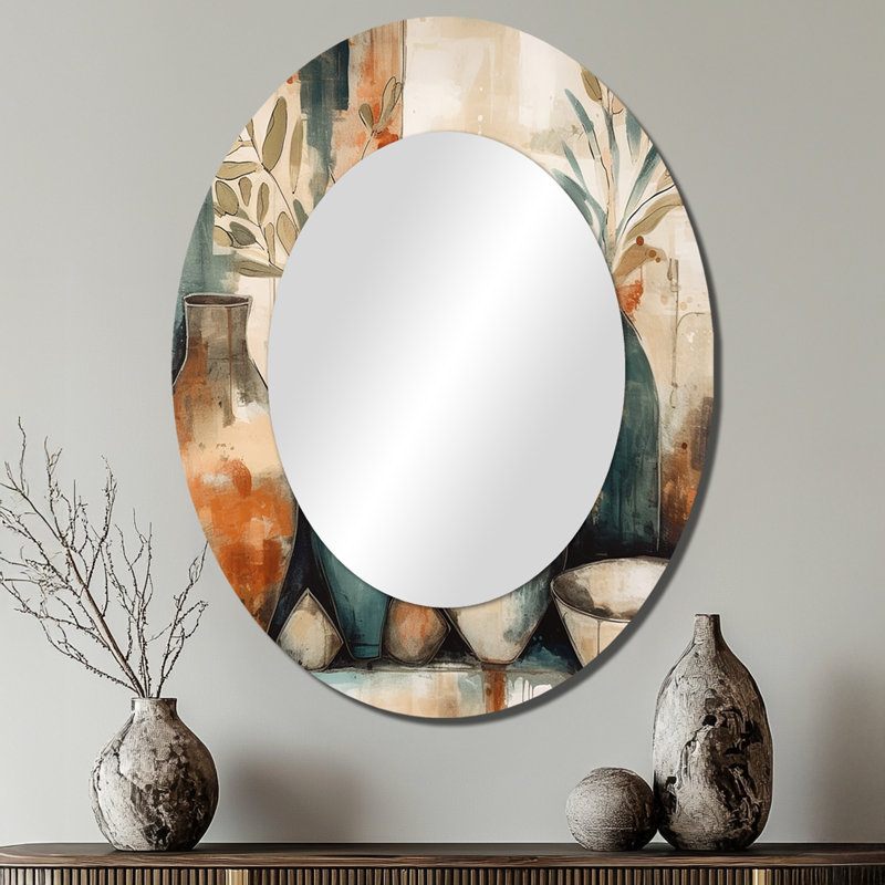 Orange et vert canalisant les vibrations bohémiennes - Grand miroir mural ovale sur métal, 40 po x 30 po