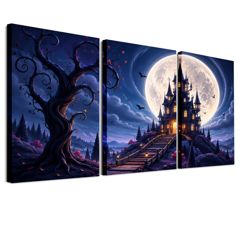 «Gothic Castle Under Full Moon Beside Halloween», ensemble de 3 toiles murales, H 36 po x l 24 po x 3 pièces