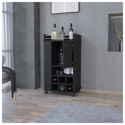 Chariot-bar Farson avec roulettes et support à vin intégré en bois d'ingénierie noir contemporain Farson