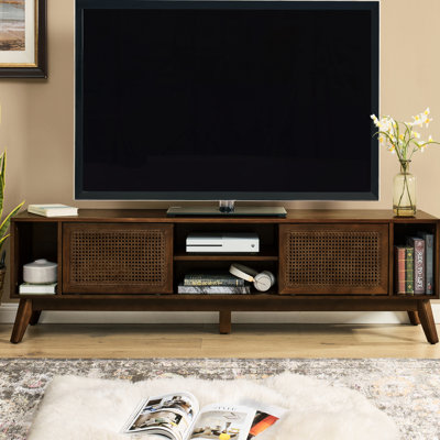 67.9 Inch Mid Century Modern Tv Stand For Up To 75 Tvs, Entertainment Cabinet With Solid Wood Feet And Doors In Walnut Brown, Ideal Living Room Storage Cabinet, Curved Sliding Hiding Clutter