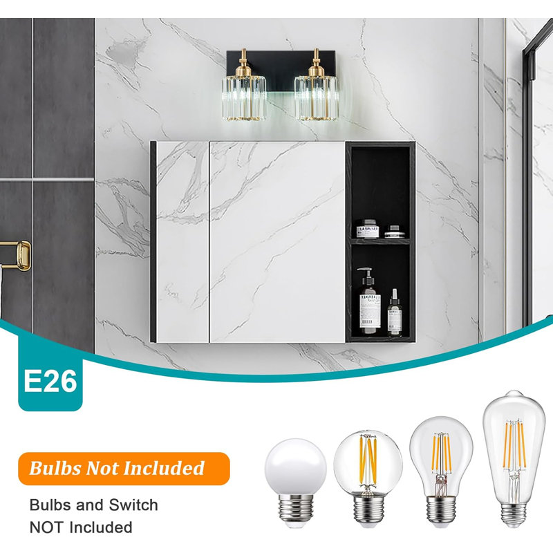 Luminaire de salle de bain moderne en cristal avec abat-jour rond, fixation murale à 2 lumières à intensité variable pour miroir, conception résistante à l'humidité et élégante