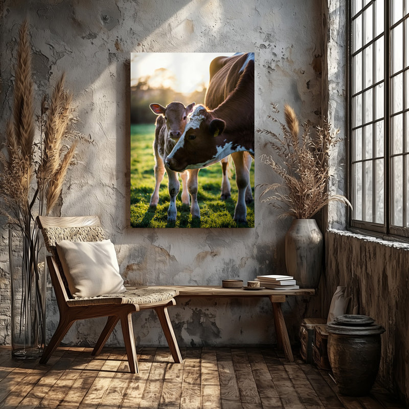 Reproduction d'art sur toile "Scène réconfortante d'une mère vache et son mollet", H 20 po x l 20 po