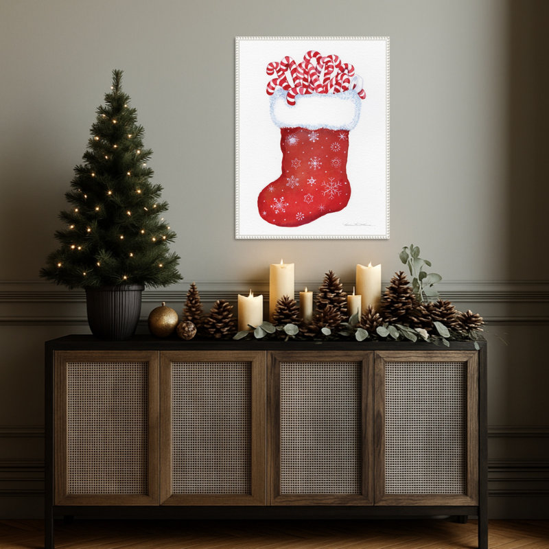 «Candy Cane Stocking» par Kathleen Parr McKenna, reproduction d'art sur toile encadrée