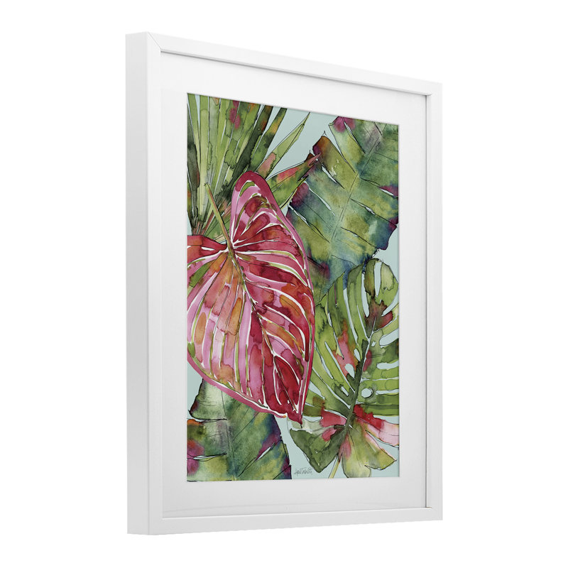 Imprimé sous verre rose et vert Palm Springs, design par Anne Tavoletti, 21" H x 17" W, Cadre blanc côtier