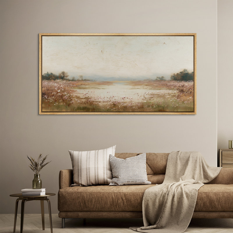 «Floral Meadow by the Lake Landscape» dans des tons neutres doux, Naturel, H 30 po x l 60 po x P 1,5 po