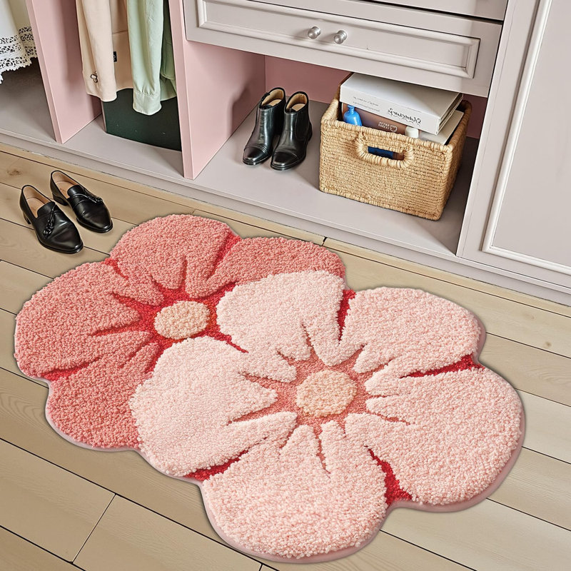 Tapis de bain fleur, tapis de bain floral amusant, tapis rouge moelleux moelleux