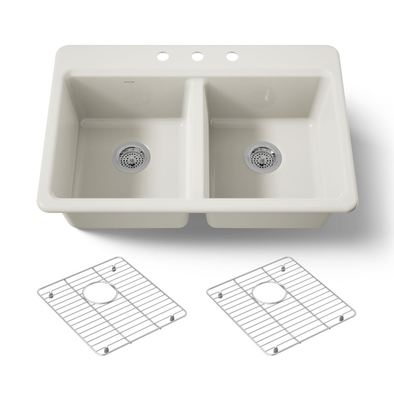 Riverby 33 In. Top-Mount Double-Bowl Kitchen Sink, 3 hole, Biscuit, Double-equal bowls
