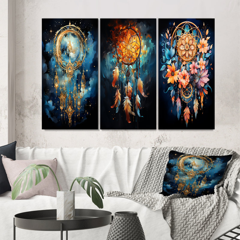 «Gold Dreamcatcher Celestial Dreams», 3 pièces sur toile, Toile tendue, H 28 po x l 36 po