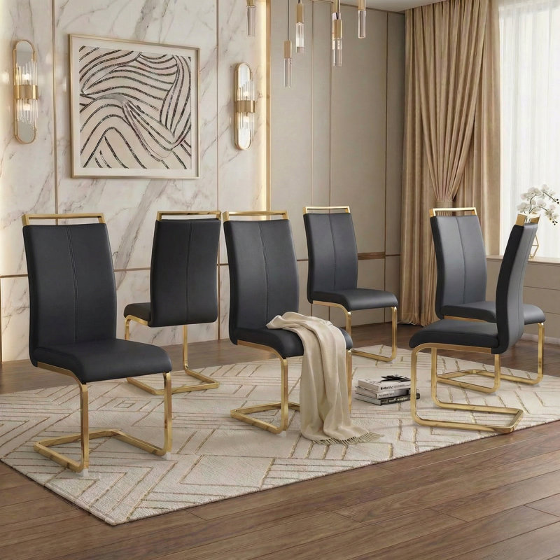 Rheese Modern Faux Leather Cantilever Dining Chairs with Metal Base and Top Handle, Black, Silver, 6