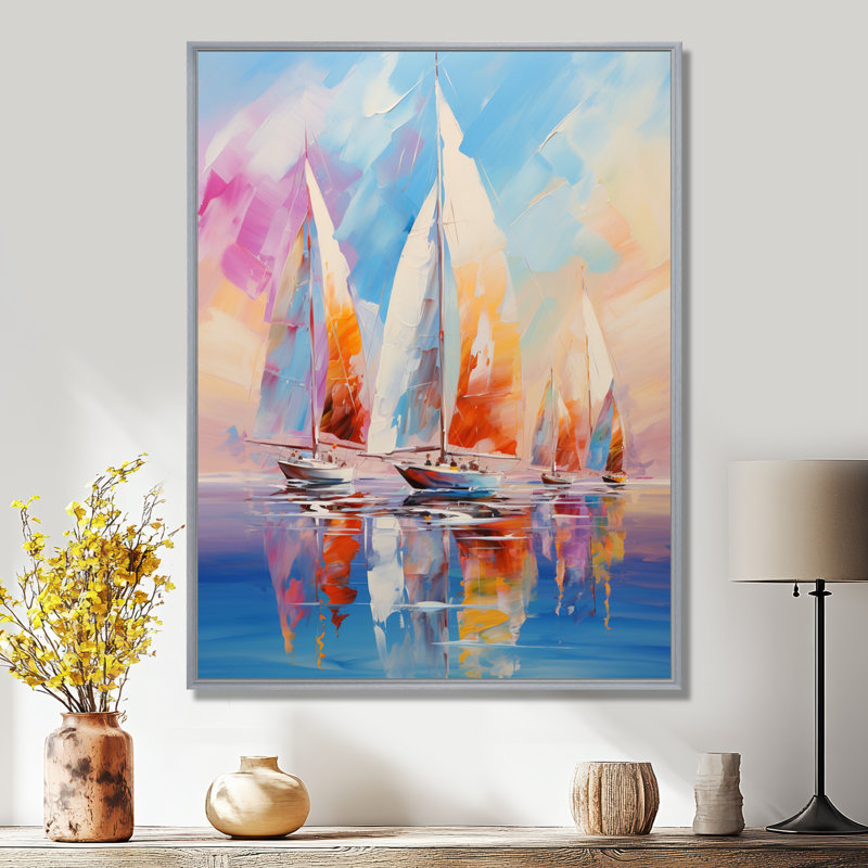 Voiliers abstraits, vents III - bateau à voile, impressions sur toile, H 20 po x l 12 po x P 1 po, Encadrement argenté