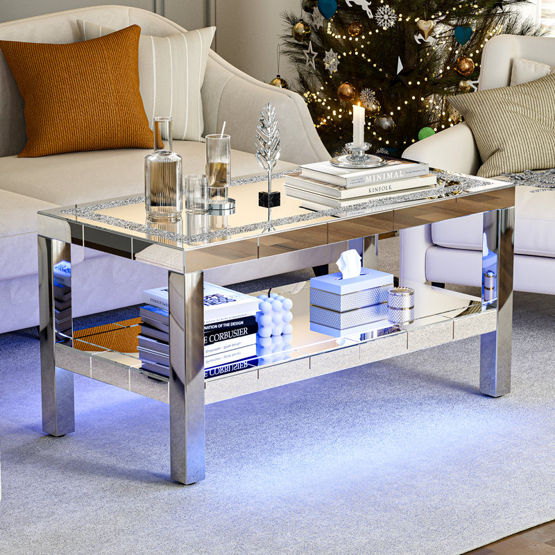 Mirrored 2 Tiers Coffee Table With Led, Rectangle Mirrored Coffee Table With Crushed Diamond And Stainless Steel Legs, Coffee Table For Living Room