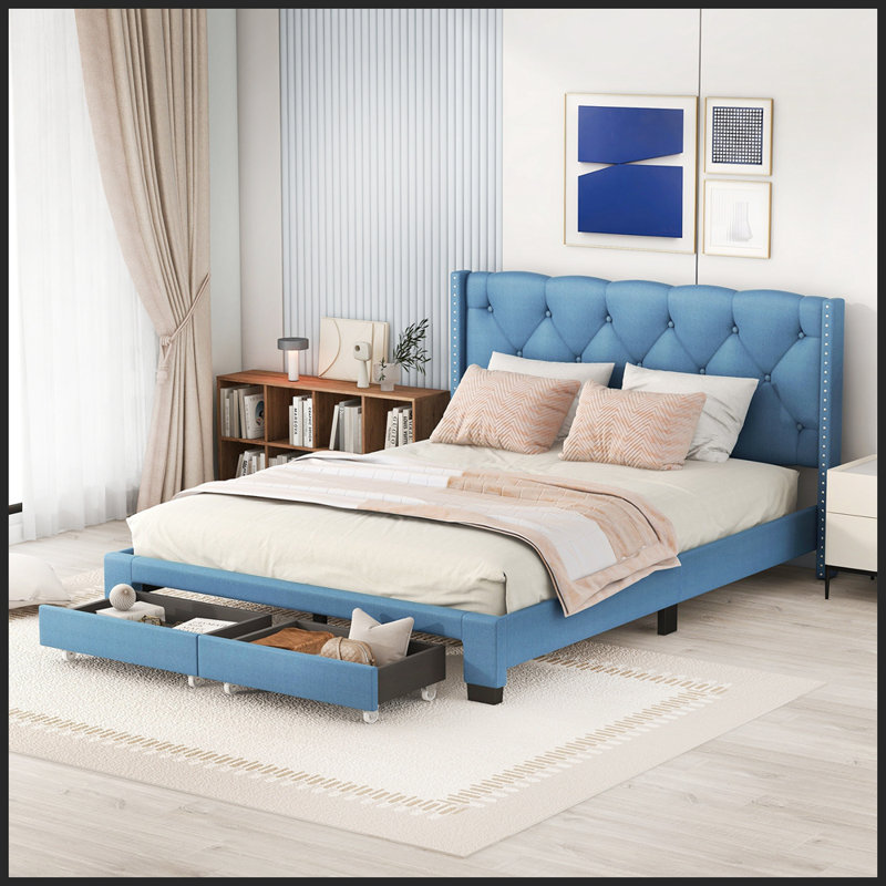 Lit plateforme tapissier Blasford, Bleu