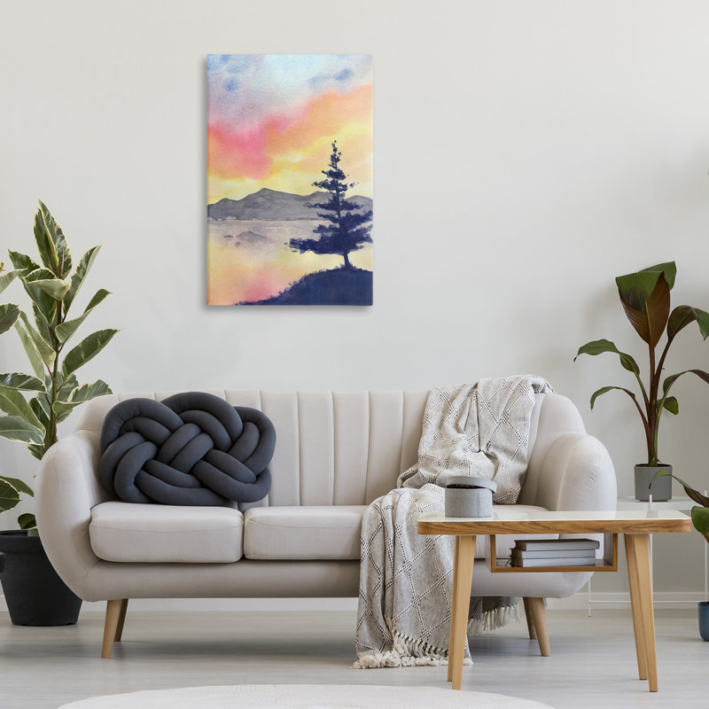 Coucher de soleil radiant sur toile de lac, design par Stephanie Fielden, H 36 po x l 24 po