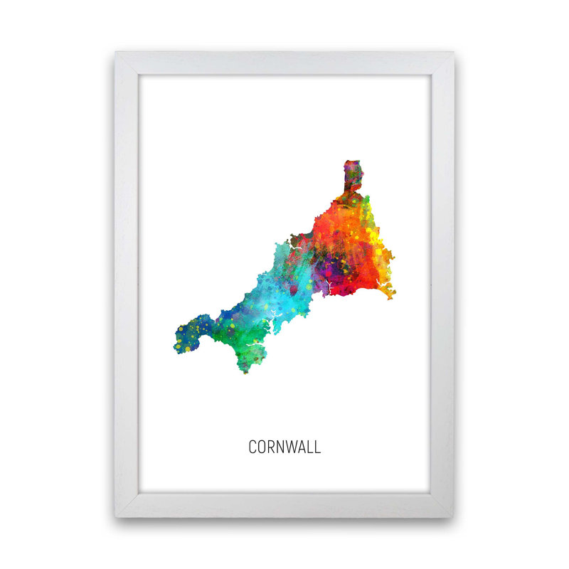 Cornwall Watercolour Map by Michael Tompsett - Print, 46cm H x 34cm W x 3cm D, White Framed