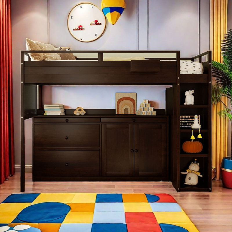 Jugani Kids Twin Loft Bed with Drawers, Espresso