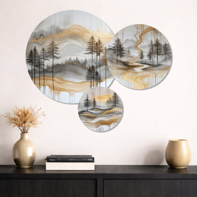 Forêt dorée et pics solitude horizon - ensemble d'art mural en métal paysage de 3