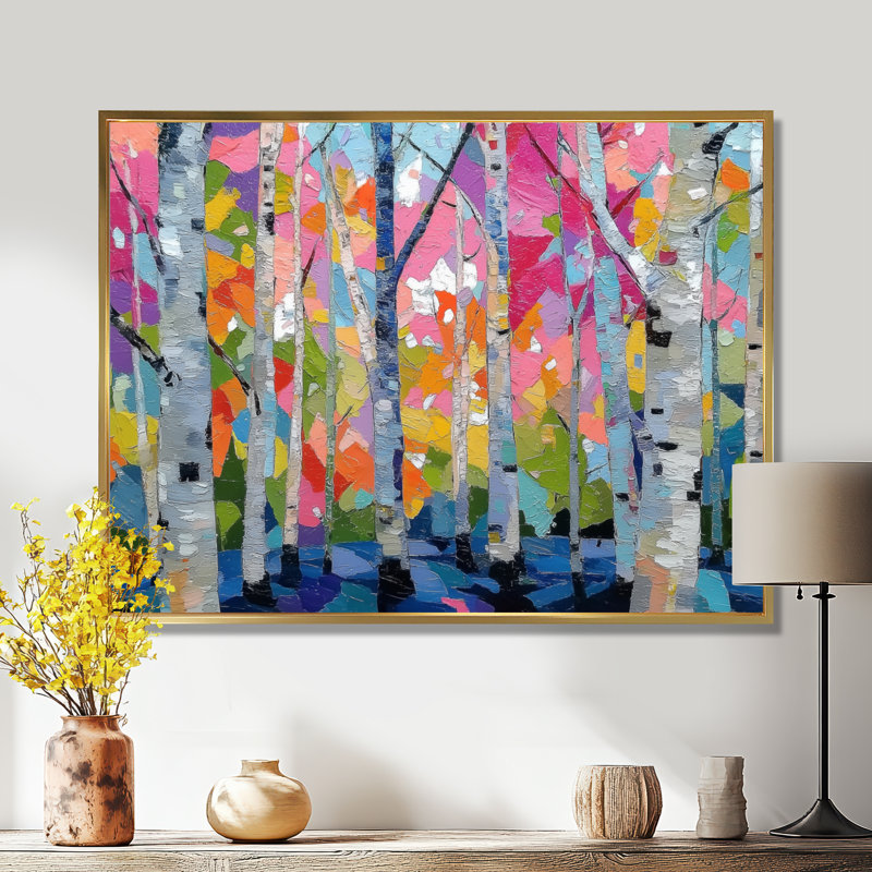«Pink Orange Vibrant Birch Forest», impression d'art sur toile rose nature, H 12 po x l 20 po, Cadre flottant, Doré