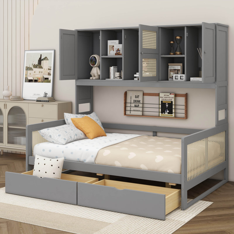 Lit de jour polyvalent en bois avec 2 tiroirs, une armoire et une tablette, Gris, Lit simple