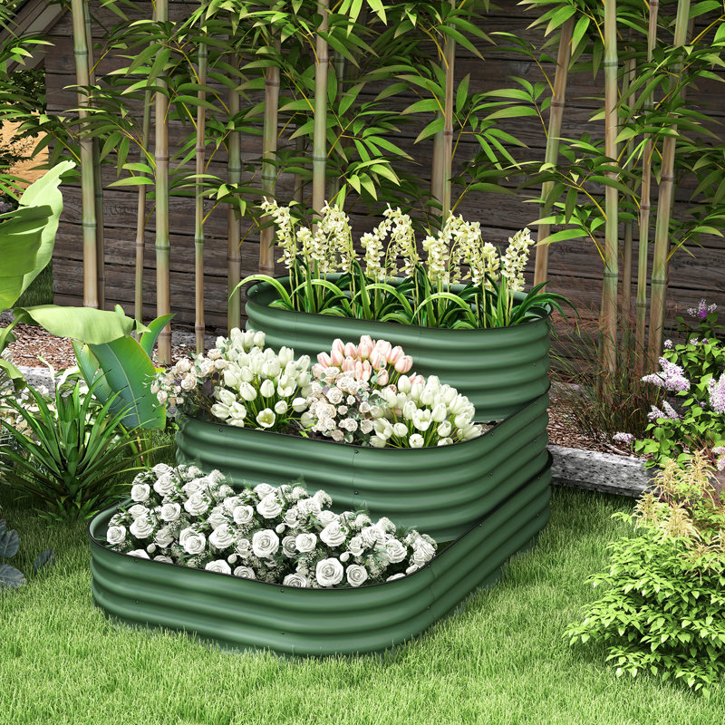 Ensemble de 3 jardinières en acier galvanisé de 61,02 po x 43 po x 32,79 po. Conception d'escalier pour une meilleure expérience de plantation, ouvert au contrôle, lit surélevé avec protection de la jante avec trois, trois configurations différentes