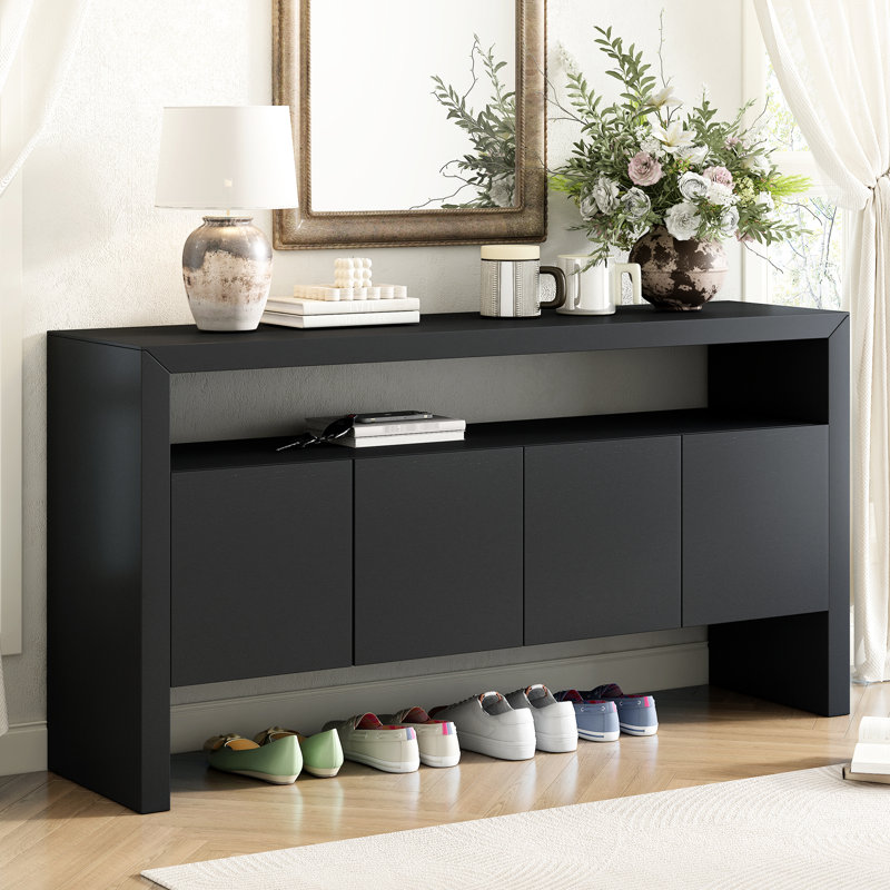Buffet U-Style en placage de bois massif de 60 po avec portes à fermeture en douceur, rangement double, idéal pour organiser les articles essentiels dans différentes pièces U-Style, console de 60 po, minimaliste moderne, double, articles pour la maison