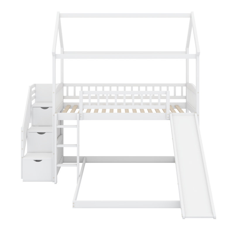 Children's House Bunk Bed with Slide and Shelving Stairs, White