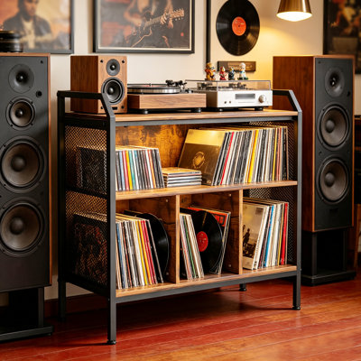Industrial Vinyl Record Player Stand Cabinet with 3-Tier Storage for 300 Albums, Rustic Turntable Table for Living Room Bedroom